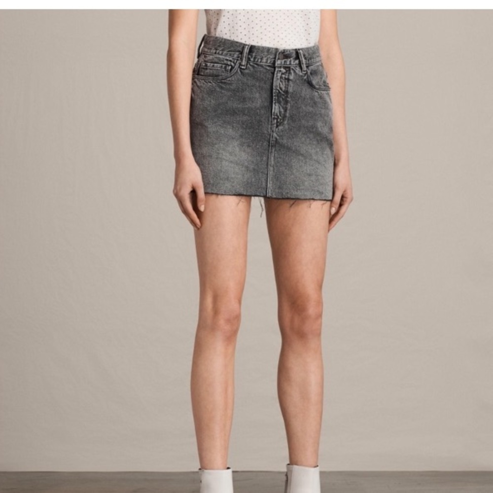 All Saints Betty Distressed Raw Hem Denim Skirt in Washed Black Size 0